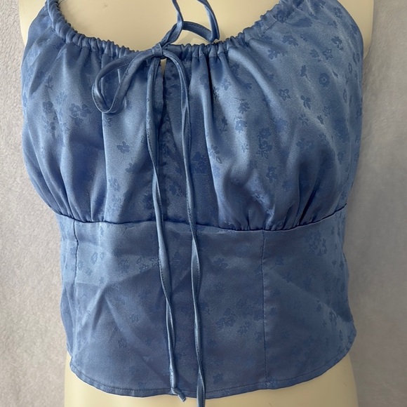 Blue Satin Floral Crop Top with Tie Front – Y2K‎ Cottagecore Aesthetic - Picture 2 of 5